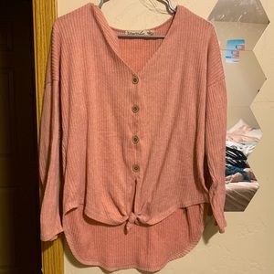 Pink Button Down Sweater with Tie Front